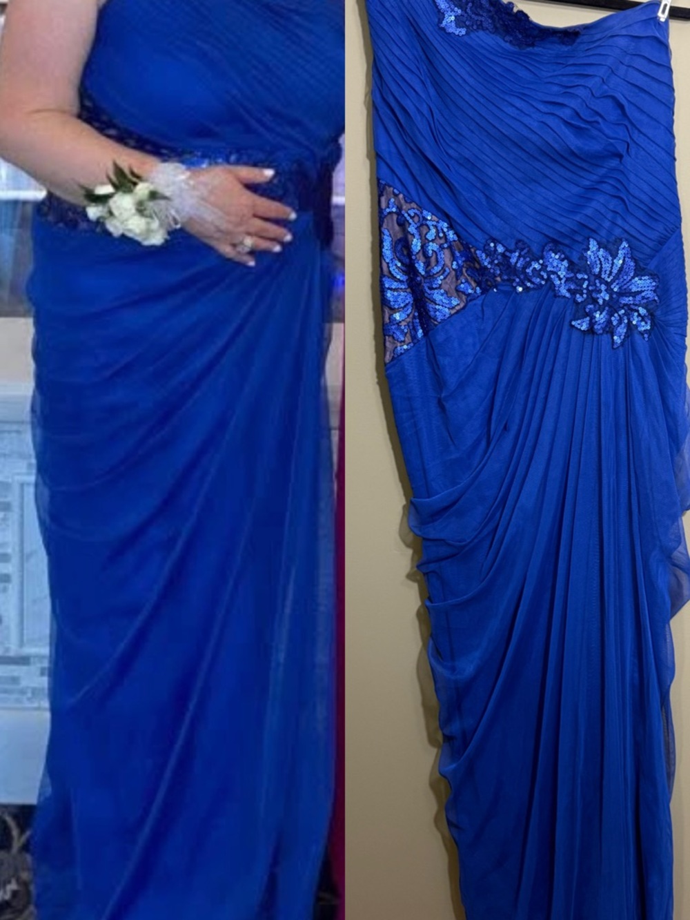 Tadashi Shoji Cobalt Blue One-Shoulder Evening Gown with Sequin Embellishment